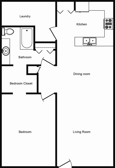 A floor plan of a small apartment with a bedroom, living room, dining room, kitchen, bathroom, and laundry area.